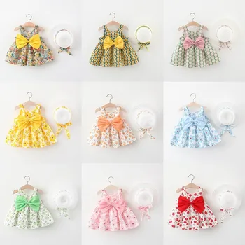 Детское платье с бантом, Прекрасная летняя одежда для маленьких девочек, хлопковые платья без рукавов с цветочным рисунком для малышей + солнцезащитная шляпа, комплект одежды для новорожденных из 2 предметов