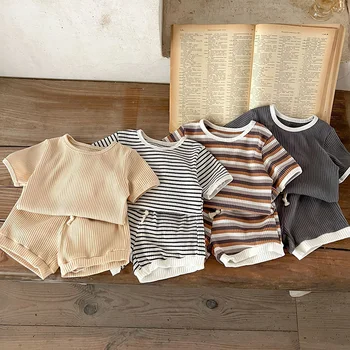 Комплект Одежды для маленьких мальчиков и девочек, хлопковая футболка в полоску с короткими рукавами + шорты, летний костюм для маленьких мальчиков и девочек