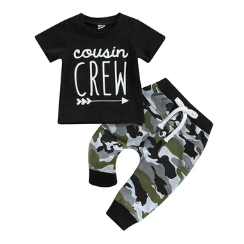 Летняя одежда для маленьких мальчиков, футболка с коротким рукавом с буквенным принтом и камуфляжные штаны с эластичной завязкой, комплект от 0 до 3 лет