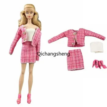 Модный розовый комплект кукольной одежды в клетку 1/6 для Барби, наряды для кукол Барби, аксессуары, Верхнее пальто, юбка, Обувь, 11,5 