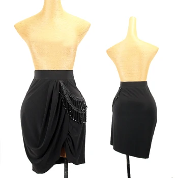 Новая одежда для латиноамериканских танцев, Женская одежда для занятий Румбой Ча-ча-ча, черная юбка с бахромой, сексуальная юбка нерегулярной формы, одежда для выступлений DNV17835