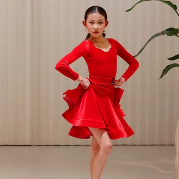 Новый красный бархатный костюм с юбками с длинными рукавами, костюмы для латиноамериканских танцев для девочек, платье для Чачи, Самбы, танго, одежда для латиноамериканских выступлений DN15346