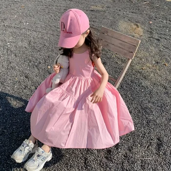 Платье принцессы для маленьких девочек, однотонные розовые праздничные платья без рукавов для маленьких девочек, Лето 2023, Новая Детская хлопковая цельная одежда