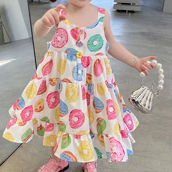 Платья для маленьких девочек на 3 месяца, платье для маленьких девочек с принтом пончиков, Цельнокроеное платье Принцессы без рукавов Для маленьких девочек