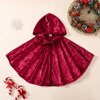 Рождественский плащ для девочек 2023 года, милая кружевная однотонная накидка с капюшоном и завязками, свободное Мягкое теплое пальто, верхняя одежда для малышей