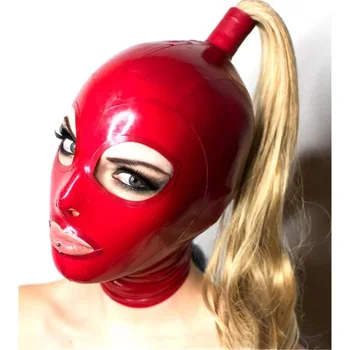 Сексуальная экзотическая маска Ручной работы, Красные Латексные Капюшоны с белокурым париком, косы с конским хвостом, Клубная одежда, фетиш-костюмы, размер XS-XXL