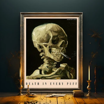 Скелет с принтом на плакате с горящей сигаретой, Винтажные картины на холсте в стиле Ван Гога, черепа Memento Mori, Готический декор стен