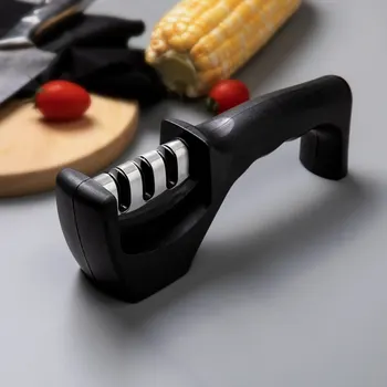 1 шт. черный 3-ступенчатый инструмент для быстрой заточки, ручная многофункциональная точилка для ножей с нескользящей основой, кухонные ножи