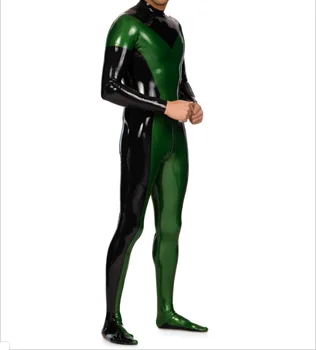 100% латексная резина Gummi, Черно-зеленый Комбинезон в стиле пэчворк, удобный и красивый гоночный костюм для вечеринки, ролевая игра xs-xxl 0,4 мм