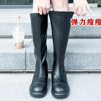 2020 г., зимние плюшевые ботинки для верховой езды в британском стиле на молнии, женская обувь, тонкие ботфорты-трубки на не сужающемся книзу массивном каблуке, сапоги до колена, размер 34-43