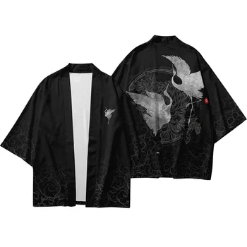 2020 Японское кимоно харадзюку, кардиган, мужской черный кардиган с принтом журавля, мужское кимоно, Плюс размер XS-6XL