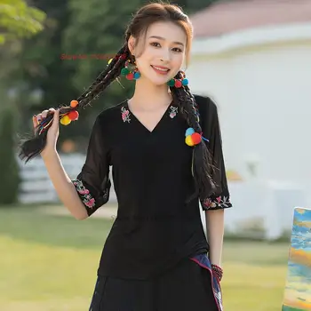 2023 китайская винтажная рубашка в национальном стиле, женские топы с цветочной вышивкой, свободная сетчатая рубашка с v-образным вырезом, этническая тонкая восточная базовая рубашка