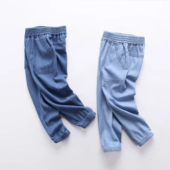 2023 Летние Тонкие джинсы для мальчиков и девочек С эластичной талией, свободные Повседневные Мягкие легкие джинсовые брюки для мальчиков, детские брюки от 1 до 10 лет