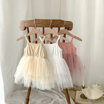 2023 Модное летнее однотонное платье-слинг для маленьких девочек, сетчатое пышное платье принцессы, бутик, боди для маленьких девочек, платье для дня рождения для маленьких девочек