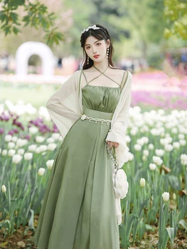 2023 новая модная повседневная женская одежда в китайском стиле в стиле Ретро, Верхняя рубашка с Зеленым ремешком, Модифицированное Платье Hanfu