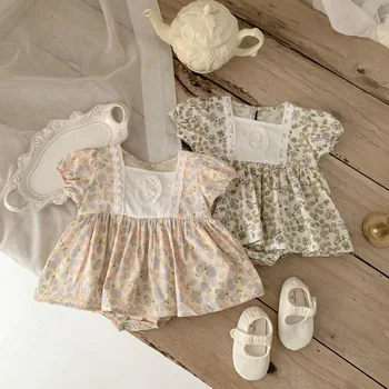 4756A, детская одежда, платье-комбинезон для девочек, 2023, Летняя Новая Корейская одежда принцессы с цветочным рисунком для девочек, платье для скалолазания с коротким рукавом