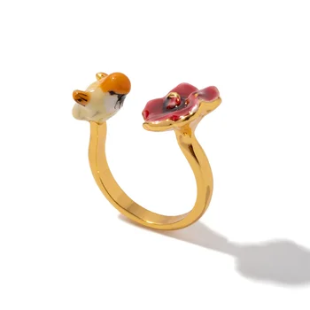 ALLNEWME Ретро Красочные Эмалевые кольца с птицами и цветами для женщин из 18-каратного настоящего золота с латунным покрытием Открытое Регулируемое кольцо на палец