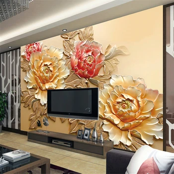 beibehang Оптовая продажа, Фреска в китайском стиле с цветком пиона для дивана, ТВ, Фотообои на стену в гостиной, Виниловое тиснение