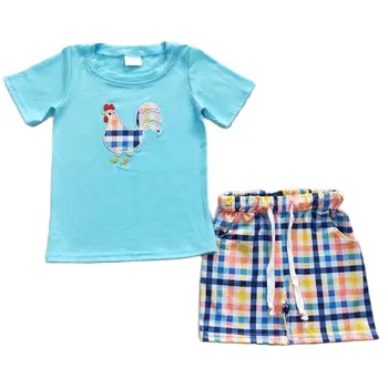 BSSO0270 Оптовая продажа детской одежды Одежда для девочек с вышитым синим петухом, шорты в клетку с коротким рукавом, повседневный удобный костюм
