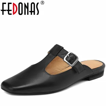 FEDONAS/ Лаконичные женские шлепанцы на низком каблуке с квадратным носком, туфли-лодочки из натуральной кожи, 2023 Летняя Повседневная рабочая обувь, женские сандалии