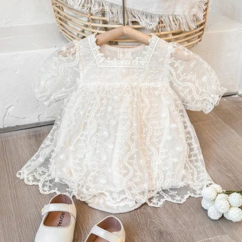 FINEPAT/ платье-комбинезон для маленьких девочек, летние Милые платья принцессы с кружевной вышивкой для младенцев, модная хлопковая детская одежда