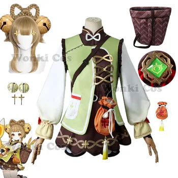 Genshin Impact Yaoyao Косплей костюм Парик Рюкзак Полный комплект Yaoyao Косплей для Loli Girl Детские праздничные костюмы