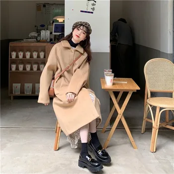 Herstory 2021 Зимние Женские стильные шерстяные смеси, однобортные, длинные, утепленные, для корейских студентов, милые Теплые пальто для хай-стрит