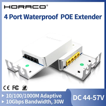 HORACO 4 Порта Водонепроницаемый POE Ретранслятор 100/1000 Мбит/с Наружный Сетевой POE Удлинитель IP55 VLAN 44-57 В 30 Вт для POE Камеры Wierless AP