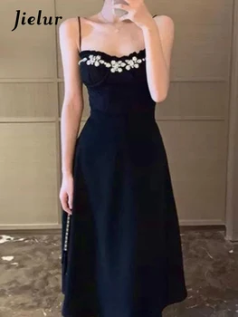 Jielur Черное платье с открытой спиной и ремешком, женское сексуальное вечернее Элегантное платье миди в стиле ретро, тонкое дизайнерское шикарное праздничное платье Хепберн, новинка 2022 года
