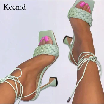 Kcenid / 2021 г., Новые дизайнерские плетеные босоножки на каблуке, женская обувь на высоком квадратном каблуке с открытым носком, летние босоножки с перекрестным ремешком, женская обувь