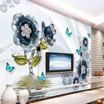 wellyu Изготовленная на заказ большая фреска прекрасный 3D цветок бабочка шелк отражение волны воды телевизионный фон стена нетканые обои