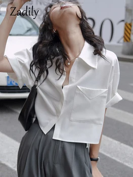 Zadily 2022 Летняя Белая рубашка с коротким рукавом и карманом, женские укороченные топы в минималистичном стиле, блузка на пуговицах, Повседневная женская одежда