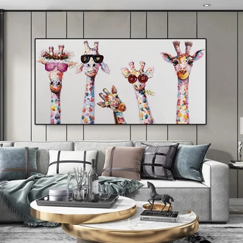 Абстрактный кавайный декор комнаты, Настенный плакат, печать на холсте в скандинавском стиле, живопись животных, семейные художественные картины с жирафом, Домашний декор гостиной