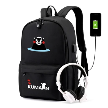 Аниме КУМАМОН Черный Медведь USB Сумка-рюкзак с USB-портом / замком / наушниками для путешествий Школьная сумка для книг