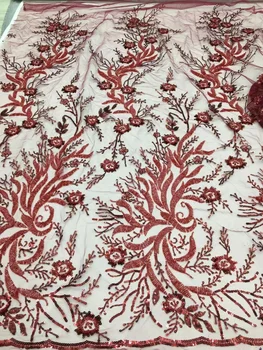 африканская кружевная ткань с бисером 2023, высококачественная сетка с бисером для вечерних платьев, ткани с пайетками, красный тюль, золото
