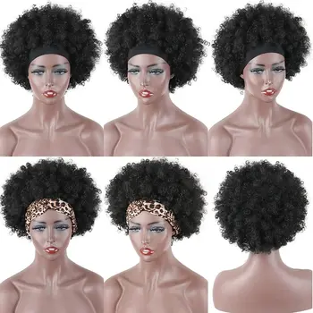 Афро-кудрявый парик с повязкой на голову для чернокожих женщин, повязка на голову из синтетических волос, изготовленная машинным способом, бесклеевые синтетические парики для повседневной носки