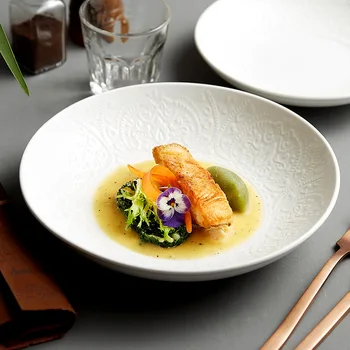 Большая тарелка глубокая тарелка бытовая суповая тарелка керамическая тарелка для посуды в японском стиле ins белая легкая роскошная западная обеденная тарелка