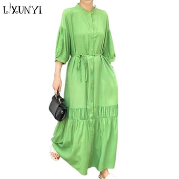 Весенне-летнее Женское Зеленое Длинное платье, мода 2023, рукав-фонарь, Свободная шнуровка, дизайн, Складывающиеся Повседневные Свободные Пляжные платья Макси