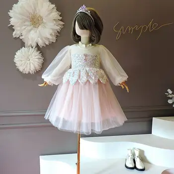 Весеннее газовое платье принцессы для девочек, детская одежда с блестками, платья с рукавами-фонариками для девочек, костюмы, бальное платье, блестящая одежда от 4 до 9 лет