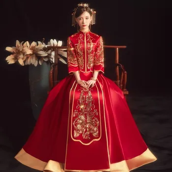 Воротник-стойка, Рукав Три Четверти С Вышивкой, Свадебное Платье Чонсам, Китайский Традиционный Банкет Невесты китайская одежда