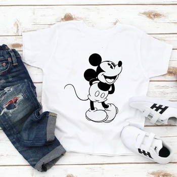 Высококачественная футболка Disney Child с мультяшным принтом Микки, минималистичная детская футболка с коротким рукавом, трендовая белая летняя популярная одежда