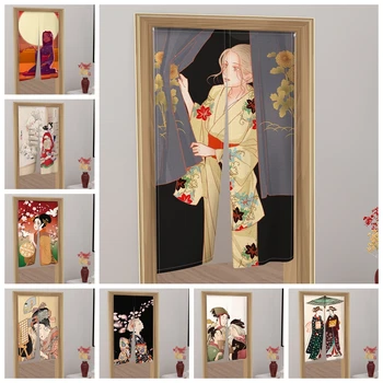 Дверные занавески в японском стиле Женские Розовые Кимоно с рисунком Сакуры Полупрозрачные Шторы для кухни Спальни Izakaya Дверной декор Подвесные шторы