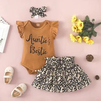Детская Летняя одежда, Одежда для новорожденных девочек, Комбинезон без рукавов с оборками + леопардовая юбка, повязка на голову, 3 шт. Наряды