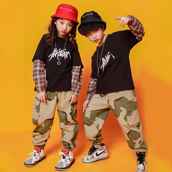 Детская толстовка с модным принтом, топы, повседневные камуфляжные брюки в стиле хип-хоп, одежда для девочек и мальчиков, одежда для джазовых танцев