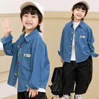 Джинсовая рубашка для мальчиков, Летняя Цветная куртка с вышивкой буквами, детская рубашка, топы с длинными рукавами для маленьких девочек, детская верхняя одежда