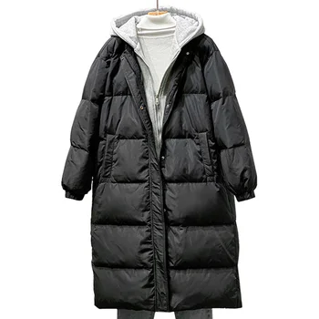 Женские осенние Длинные пуховики 2022, Новая повседневная женская зимняя куртка с капюшоном, черные свободные пальто