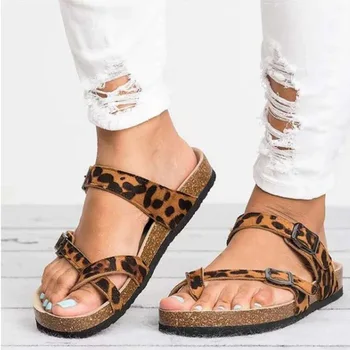 Женские сандалии на плоской подошве с леопардовым принтом, летние пляжные женские тапочки на толстой платформе, уличные сандалии для женщин