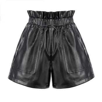 Женские шорты в весеннем стиле 2023 года, искусственная кожа, Гофрированная Высокая талия, Летние наряды с рюшами и завязками, Широкие брюки C4611