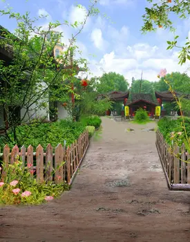 Зеленое дерево Трава Китайский Павильон Фотофоны Реквизит для фотосъемки Студийный фон 5x7 футов