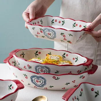 Керамическая форма для выпечки с ручной росписью, бытовая Бинауральная миска для выпечки, тарелка для сырного салата, блюдо для фруктов, Кухонная утварь для приготовления пищи, посуда